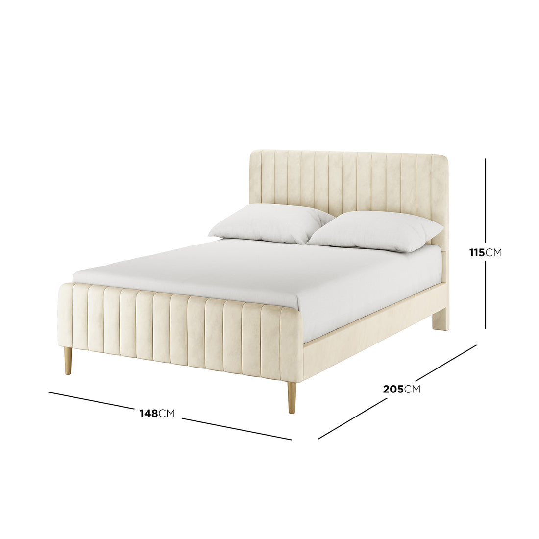 Seneca Double Upholstered Velvet Bed – Sandy White features a light cream fabric with vertical channel-stitching, a padded headboard, and tapered wooden legs, offering modern elegance and robust support.