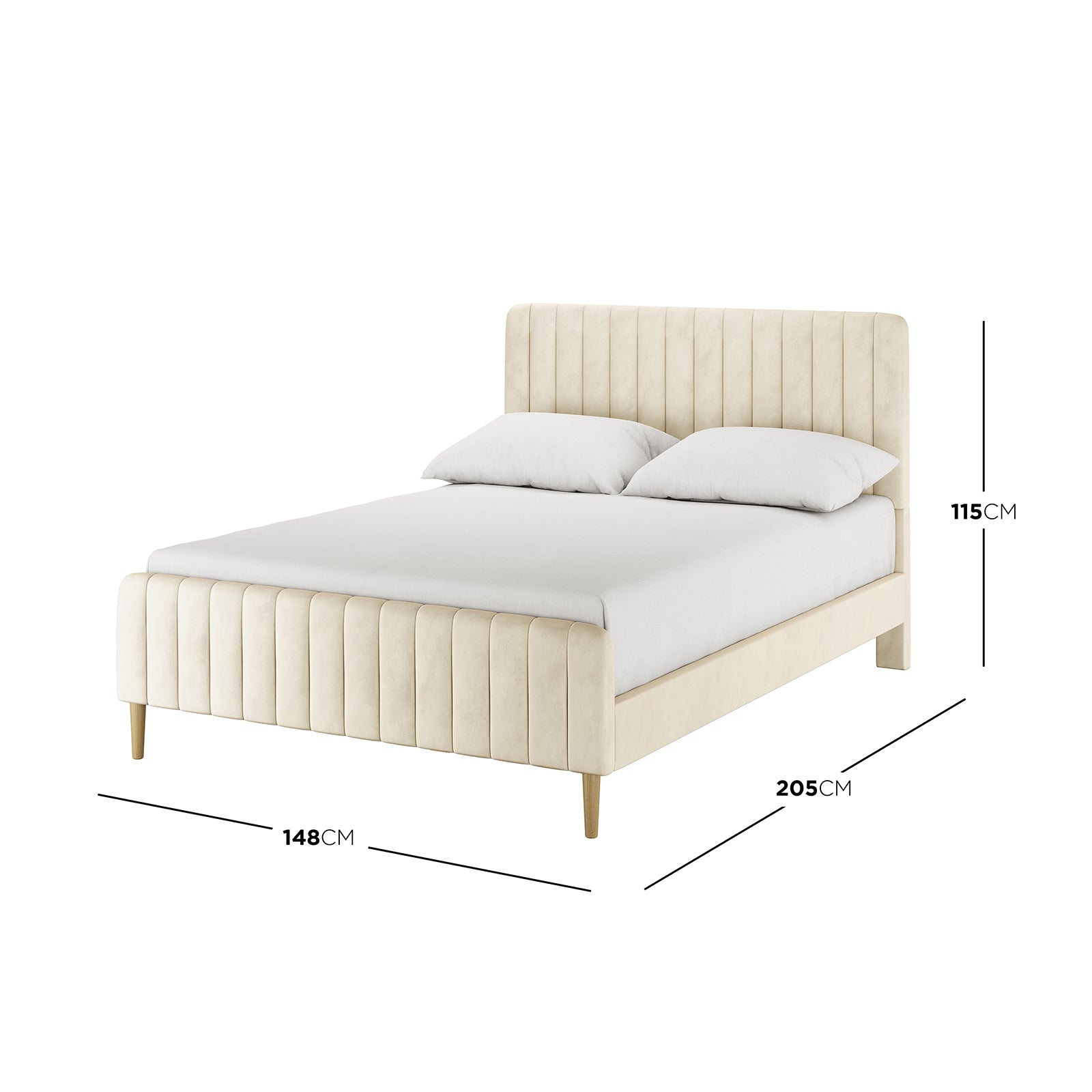 Seneca Double Upholstered Velvet Bed – Sandy White features a light cream fabric with vertical channel-stitching, a padded headboard, and tapered wooden legs, offering modern elegance and robust support.