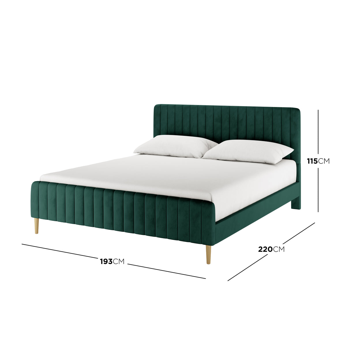 Seneca King Curved Velvet Fabric Bed Frame in Green features a deep forest-green velvet upholstery, vertically channeled headboard, matching low footboard, and light oak tapered wooden legs, creating an elegant bedroom centerpiece.