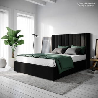 Septima & Fulvia King Bed & Headboard Package – Ink, featuring channel-tufted headboard and solid wood frame, shown in a luxurious bedroom setting with elegant furniture and decor accents.
