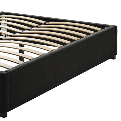 Septima & Fulvia King Bed & Headboard Package – Ink, featuring a black frame with wooden slats and a channel-tufted headboard.