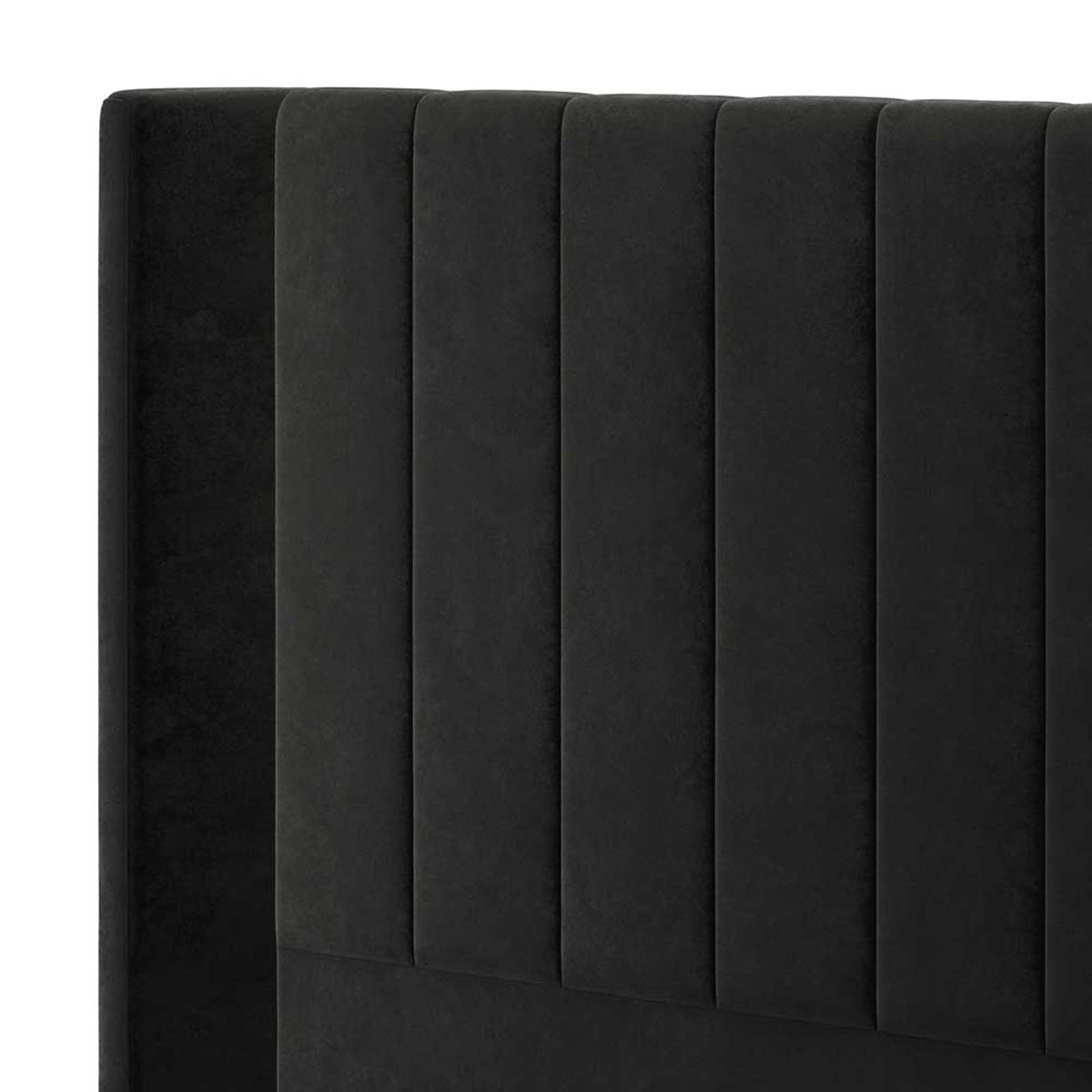 Septima & Fulvia King Bed & Headboard Package – Ink features a sleek black headboard with vertical channel tufting, enhancing its elegant design and adding comfort for lounging or reading.