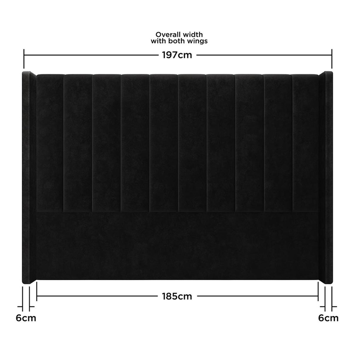 Septima & Fulvia King Bed & Headboard Package – Ink featuring a rectangular, channel-tufted black velvet headboard with solid wood construction, metal side railings, and low-profile design for modern elegance and comfort.