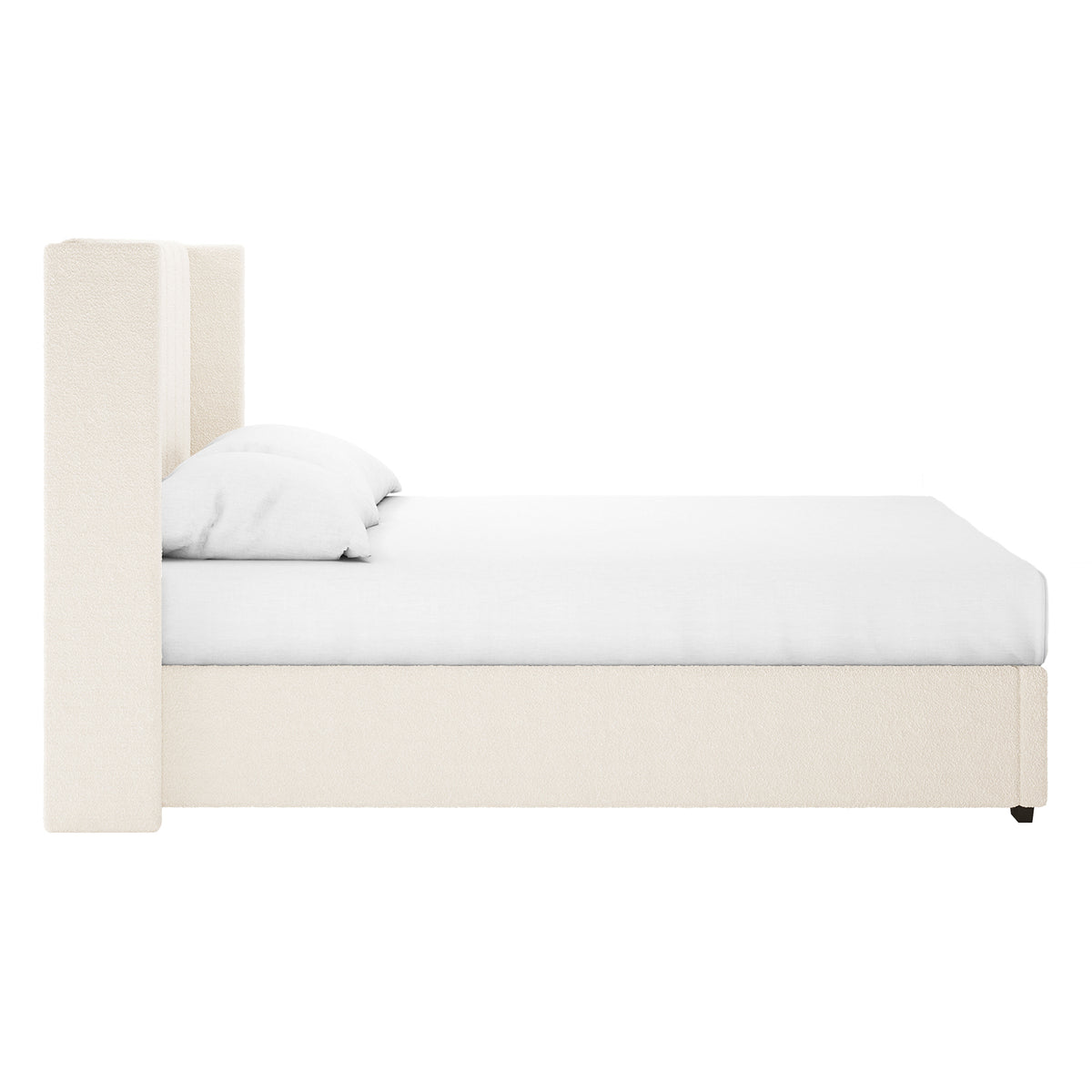 Septima & Fulvia Bouclé Queen Bed Base & Headboard in Cream White, featuring textured bouclé fabric, tall headboard, low base rail, and white mattress with pillows, showcasing minimalist elegance.