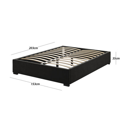 Septima & Fulvia Queen Bed & Headboard Package – Ink features a tufted headboard and velvet fabric on a solid wood frame with metal side railings, showcasing modern elegance in bedroom design.