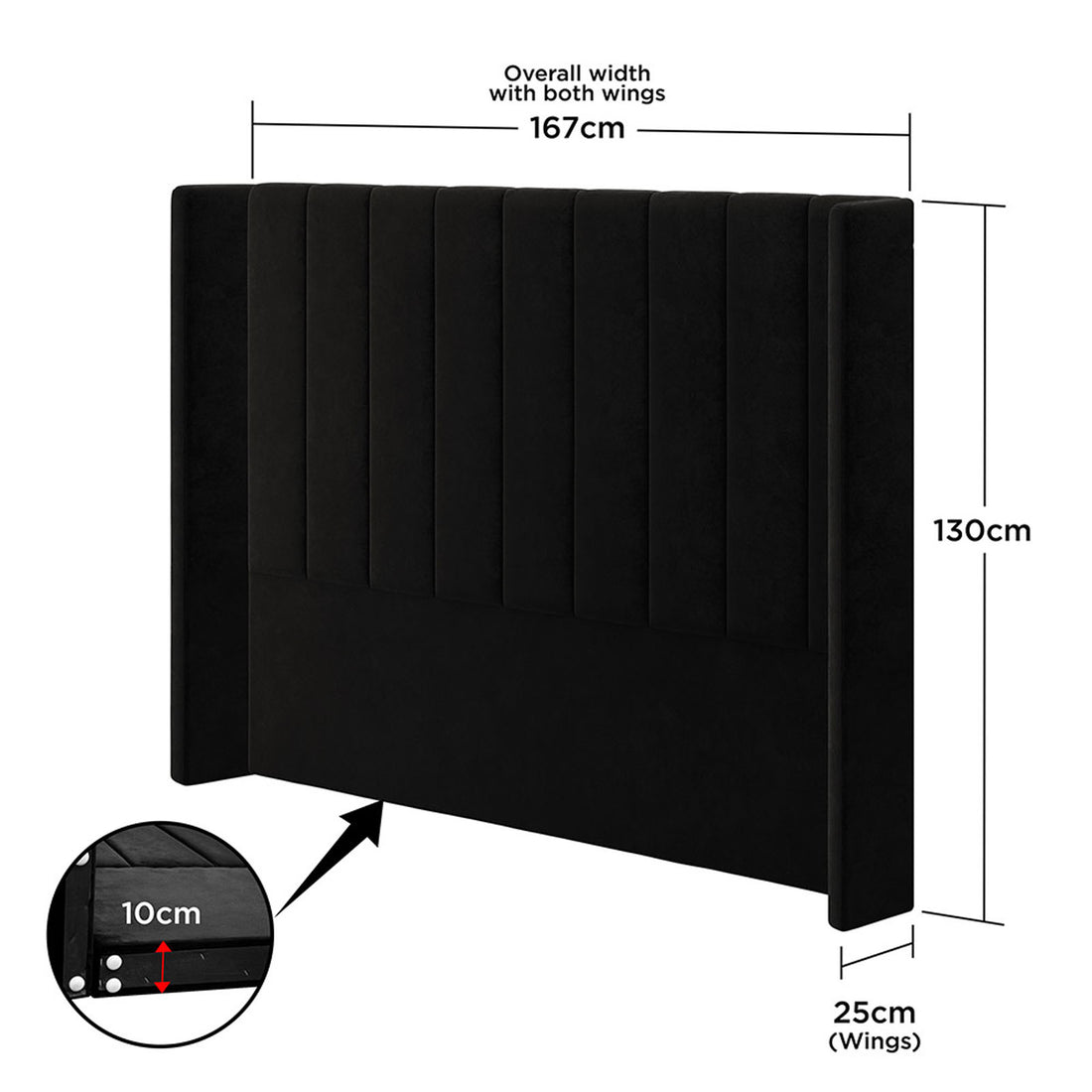 Septima & Fulvia Queen Bed & Headboard Package – Ink features a plush, tufted headboard with precise measurements, illustrating its modern elegance and solid construction for a luxurious bedroom statement. - Dimensions