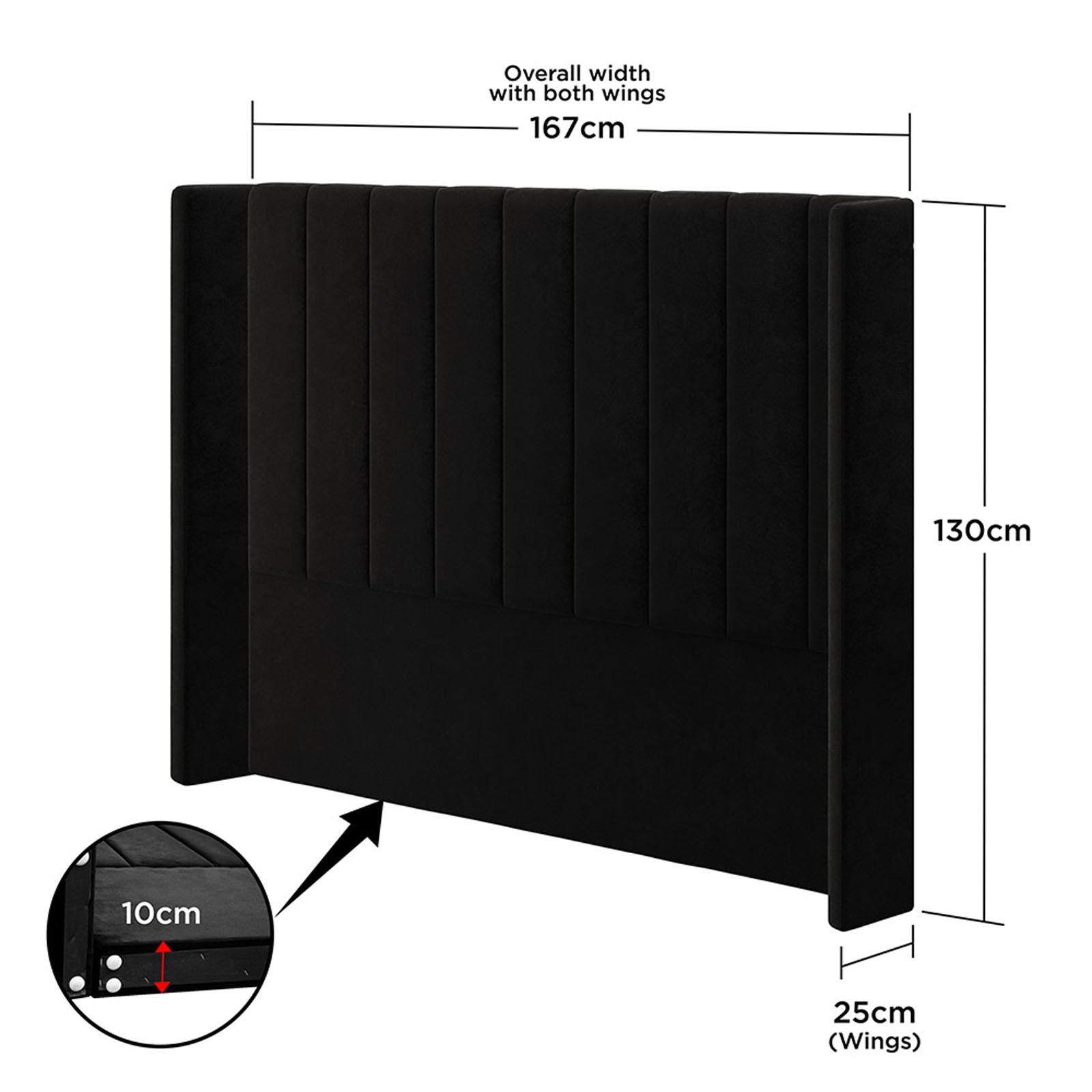 Septima & Fulvia Queen Bed & Headboard Package – Ink features a plush, tufted headboard with precise measurements, illustrating its modern elegance and solid construction for a luxurious bedroom statement. - Dimensions