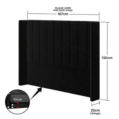Septima & Fulvia Queen Bed & Headboard Package – Ink features a plush, tufted headboard with precise measurements, illustrating its modern elegance and solid construction for a luxurious bedroom statement. - Dimensions