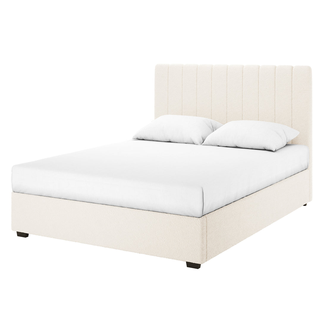 Septima & Gratiana King Bed Base & Headboard in Cream White, featuring a tall, channel-tufted headboard and a matching base with soft upholstery, resting on dark wooden feet.