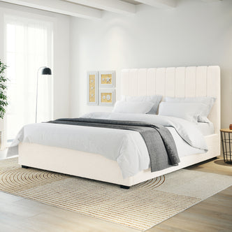 Septima & Gratiana King Bed Base & Headboard in Cream White, featuring a plush, channel-stitched headboard and soft ivory fabric, complemented by crisp white bedding, a charcoal throw, and a modern minimalist bedroom setting.
