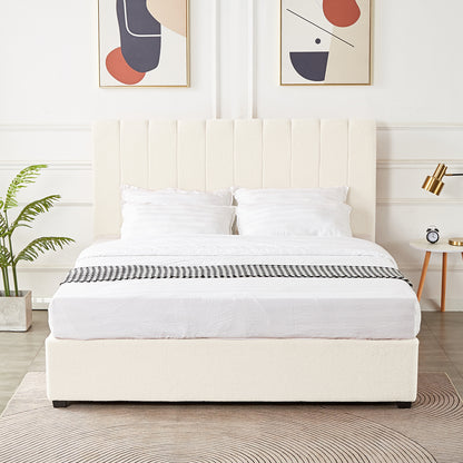 Septima & Gratiana King Bed Base & Headboard in Cream White featuring a vertically-channeled headboard, crisp white bedding, black-and-white throw, and minimalist side table with a gold lamp and clock.