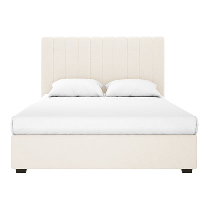 Septima & Gratiana King Bed Base & Headboard in Cream White, featuring a low-profile frame and a vertically channel-tufted headboard, complemented by a white mattress and pillows for a modern bedroom setup.