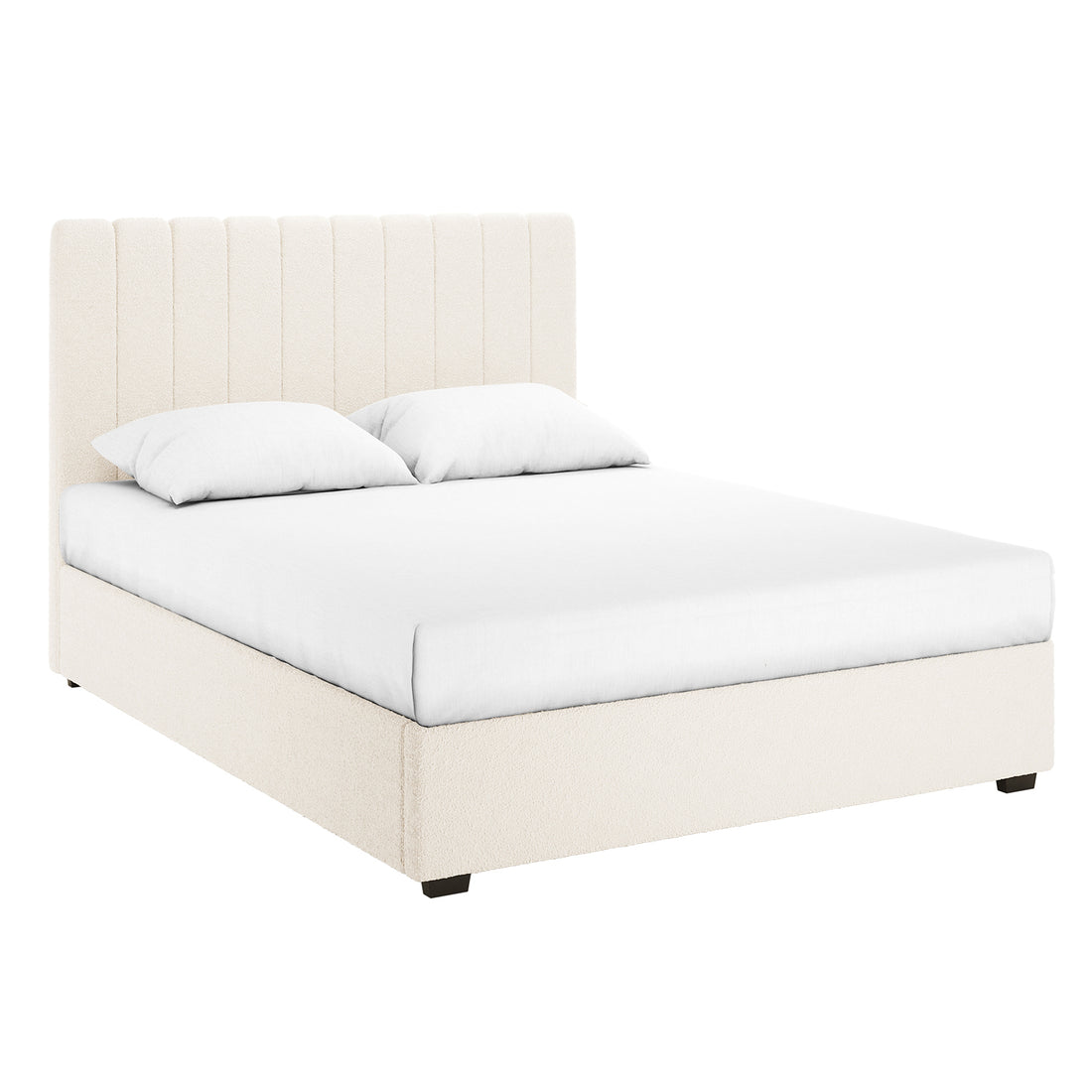 Septima & Gratiana King Bed Base & Headboard in Cream White features a vertically channel-stitched headboard and a low boxed base, topped with a fitted mattress and two pillows.