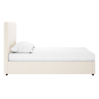 Septima & Gratiana King Bed Base & Headboard in Cream White, featuring a minimalist upholstered design with a tall, channel-tufted headboard and matching fabric-covered base, paired with a white mattress and pillow.