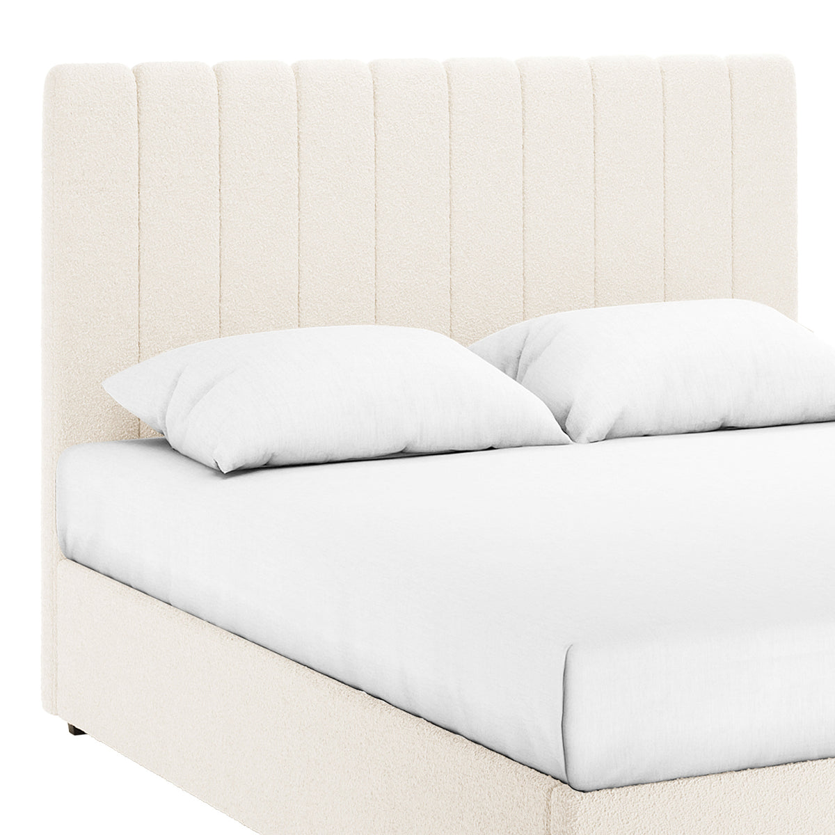 Septima & Gratiana King Bed Base & Headboard in Cream White, featuring a tall, channel-tufted headboard and matching low-profile frame, showcasing plush, textured upholstery with a white mattress and pillows on top.