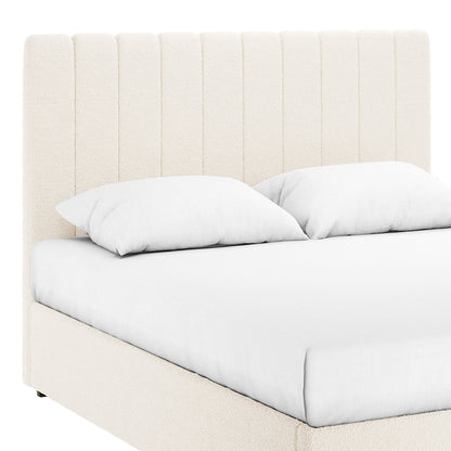 Septima & Gratiana King Bed Base & Headboard in Cream White, featuring a tall, channel-tufted headboard and matching low-profile frame, showcasing plush, textured upholstery with a white mattress and pillows on top.