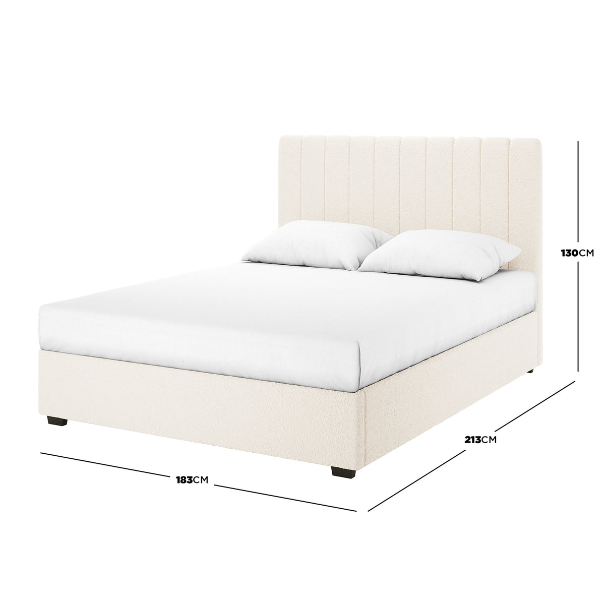 Septima & Gratiana King Bed Base & Headboard in Cream White, showcasing a plush, channel-tufted headboard and sleek platform bed with dimensions overlay, highlighting the elegant and spacious design.