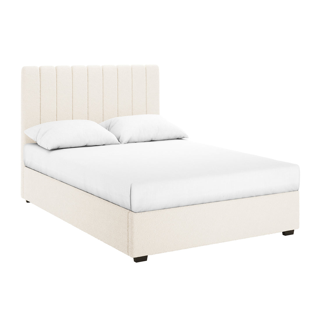 Septima & Gratiana Queen Bed Base & Headboard in Cream White features a tall, channel-stitched headboard and low platform base in soft boucle fabric, complemented by two white pillows for a minimalist look.