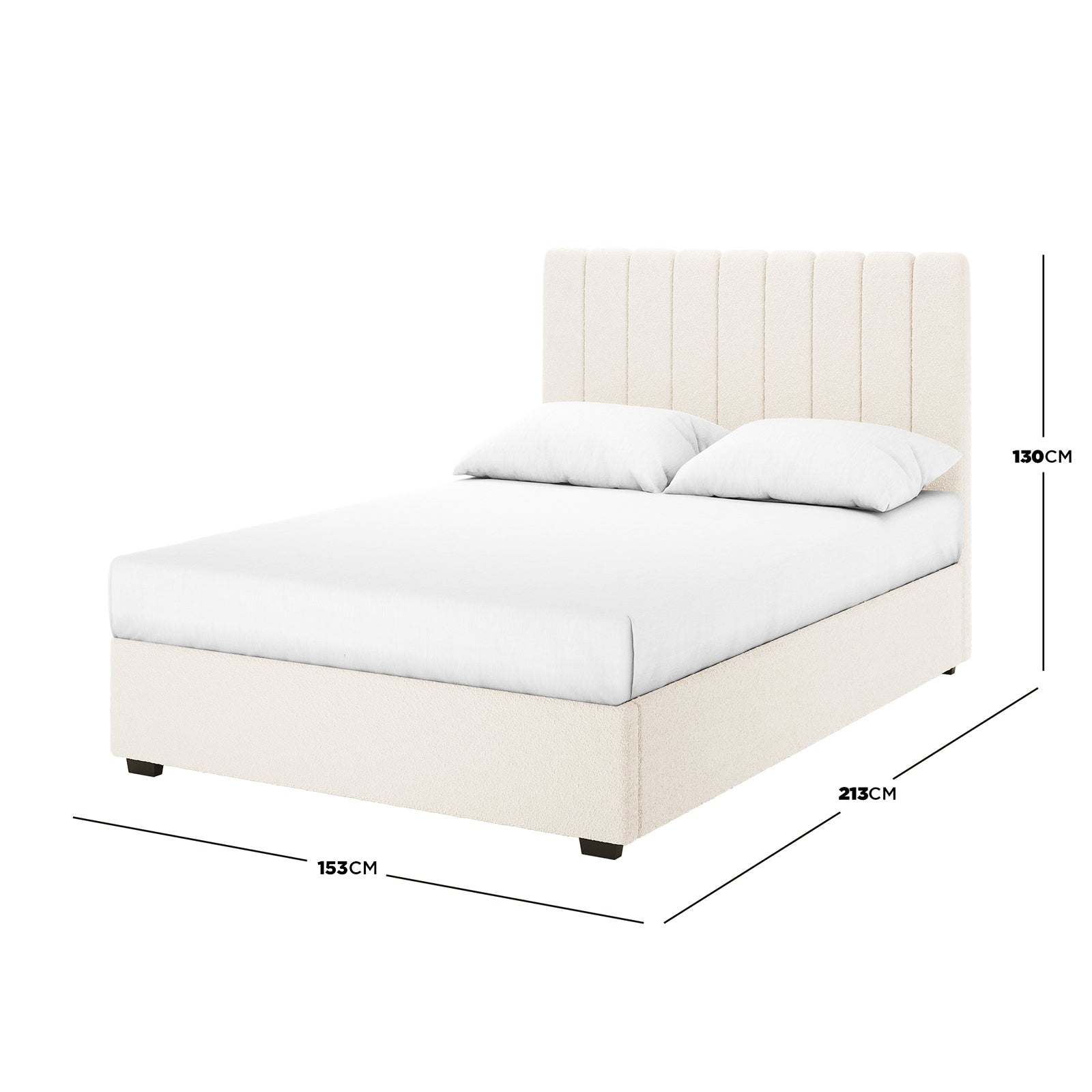Septima & Gratiana Queen Bed Base & Headboard in Cream White with vertical channel tufting, dimension callouts showing 153cm - Dimensions