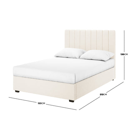 Septima & Gratiana Queen Bed Base & Headboard in Cream White with vertical channel tufting, dimension callouts showing 153cm - Dimensions
