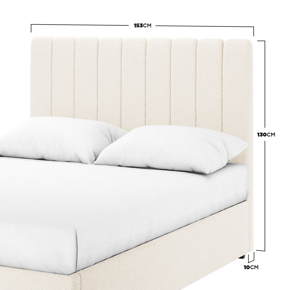 Septima & Gratiana Queen Bed Base & Headboard in Cream White featuring a vertically-channeled headboard, low platform base, and bouclé upholstery, with dimension callouts highlighting headboard width, height, and frame clearance. - Dimensions
