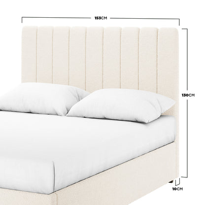 Septima & Gratiana Queen Bed Base & Headboard in Cream White featuring a vertically-channeled headboard, low platform base, and bouclé upholstery, with dimension callouts highlighting headboard width, height, and frame clearance. - Dimensions