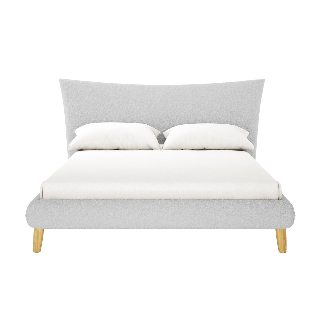 Silvina Upholstered Boucle Bed - Queen - Light Grey with a flared, textured headboard, low-profile frame, and tapered wooden legs. Includes a white mattress cover and pillows against a plain backdrop.