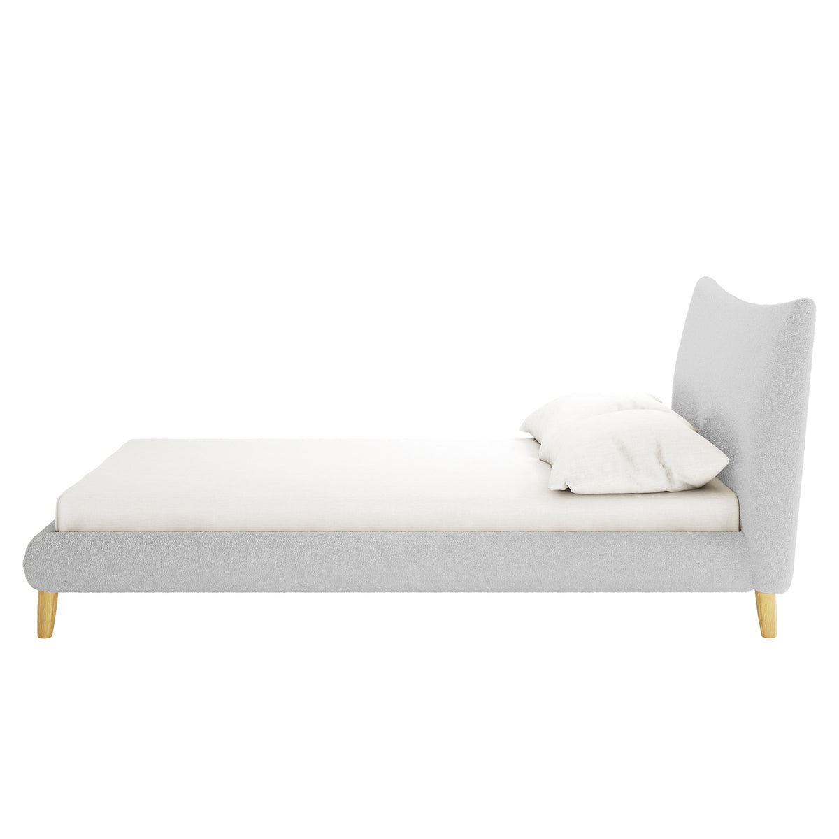 Silvina Queen Upholstered Boucle Bed in Light Grey features a minimalist design with a gently curved headboard, light grey fabric, and short wooden legs, presented with a white mattress and pillows.