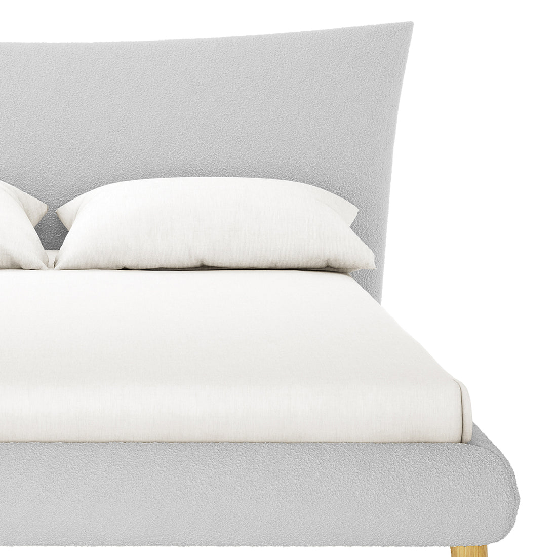 Silvina Upholstered Boucle Bed - Queen - Light Grey features a plush fabric platform frame, matching slanted headboard, and wooden legs with a white fitted sheet and pillows on top.