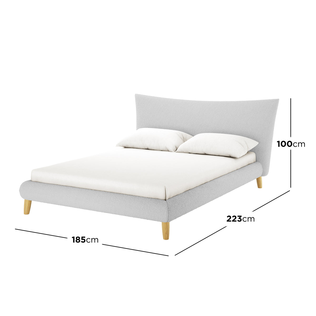 Silvina Queen Upholstered Boucle Bed in Light Grey features a low-profile design, flared headboard, and tapered wooden legs. The bed is seen with a white mattress and two pillows, showcasing its elegant structure.