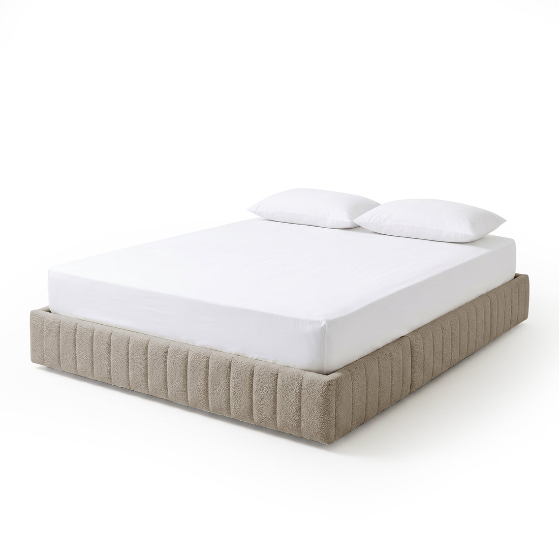 Solin King fluted storage bed base in warm beige boucle with mattress and pillows
