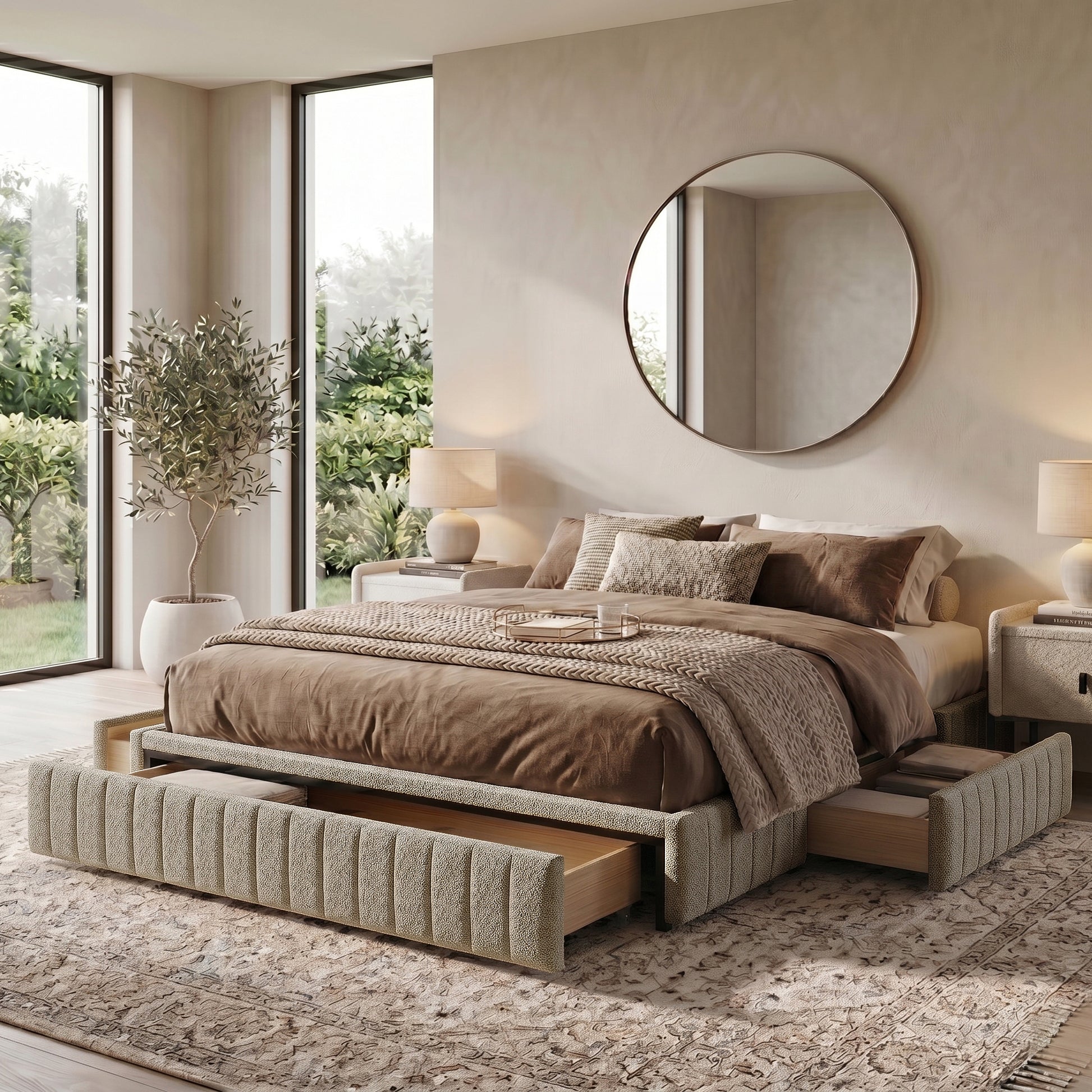 Solin King Fluted Storage Bed Base in Warm Beige Boucle with drawers open, displayed in a bedroom setting