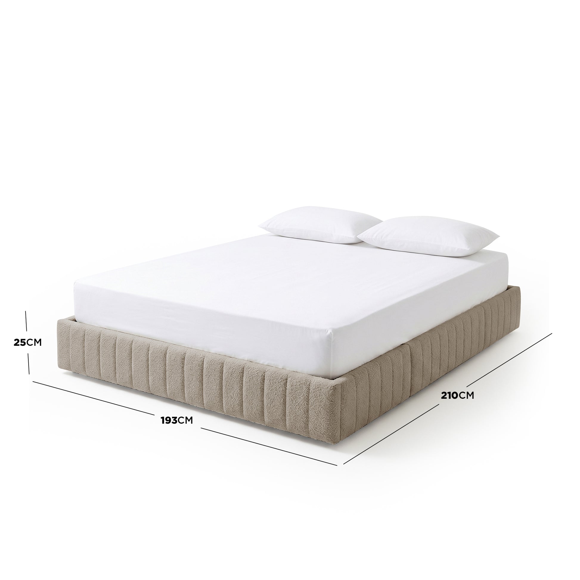 Solin King fluted storage bed base in warm beige boucle, 193cm x 210cm x 25cm, shown with mattress and pillows