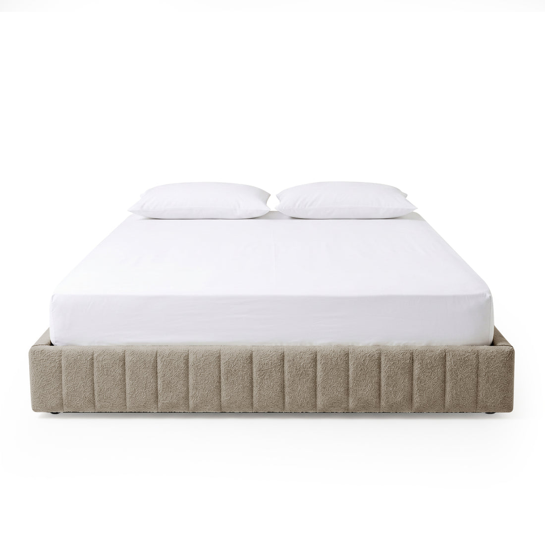 Solin King fluted storage bed base in warm beige boucle with mattress and pillows