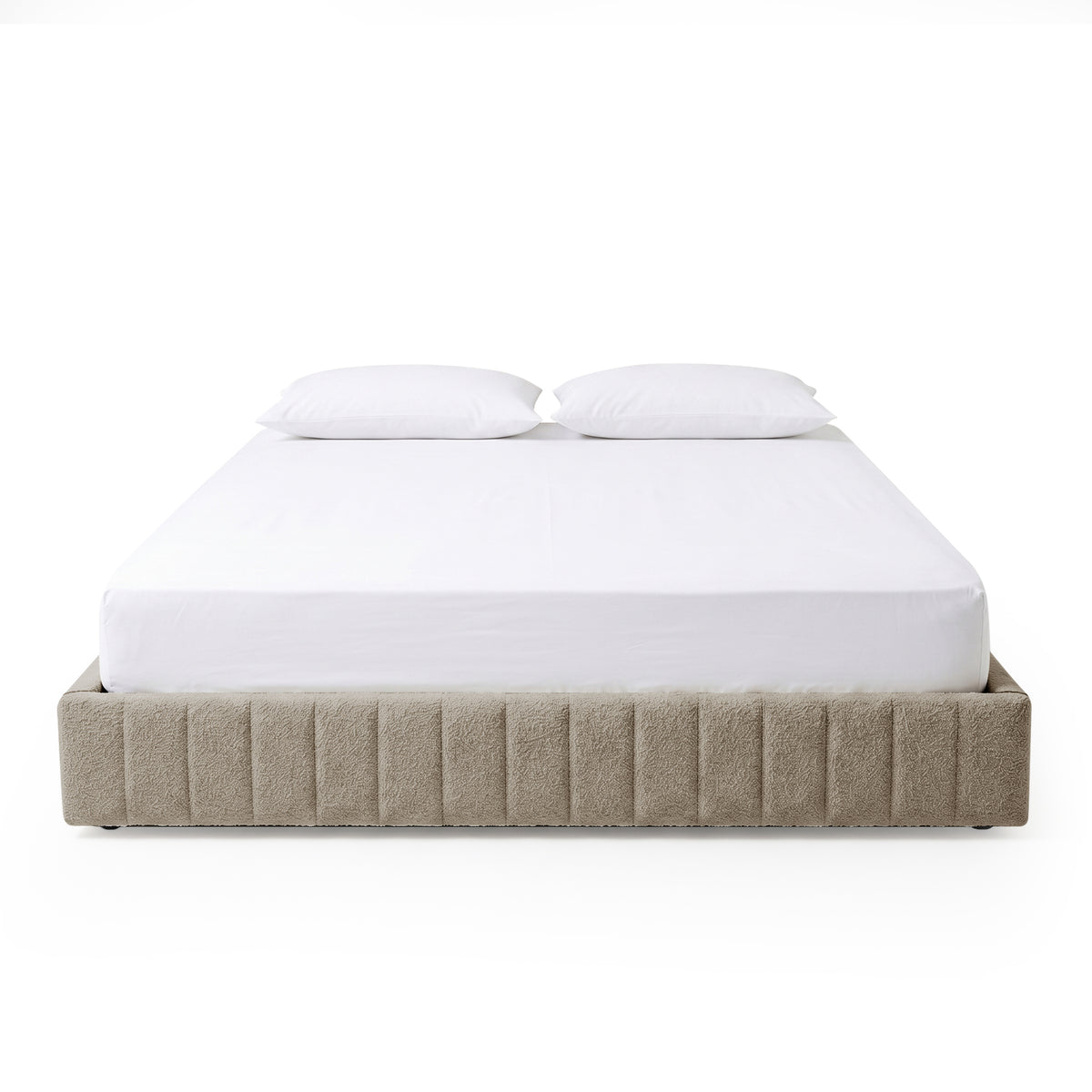 Solin King fluted storage bed base in warm beige boucle with mattress and pillows