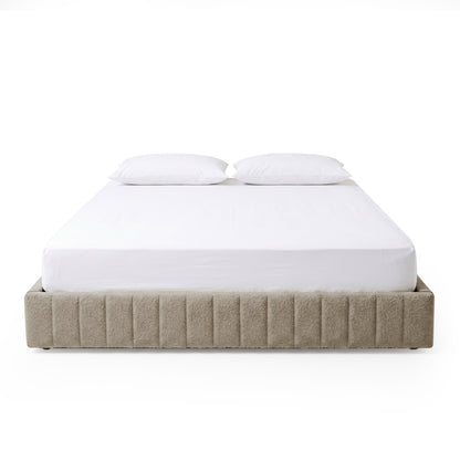 Solin King fluted storage bed base in warm beige boucle with mattress and pillows