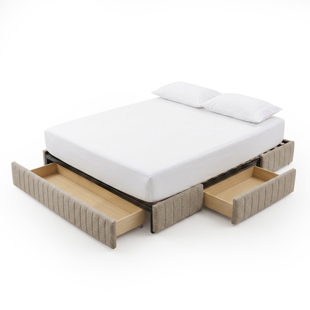 Solin King fluted storage bed base in warm beige boucle with two pull-out drawers, shown with mattress and pillows