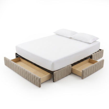 Solin King fluted storage bed base in warm beige boucle with two pull-out drawers, shown with mattress and pillows
