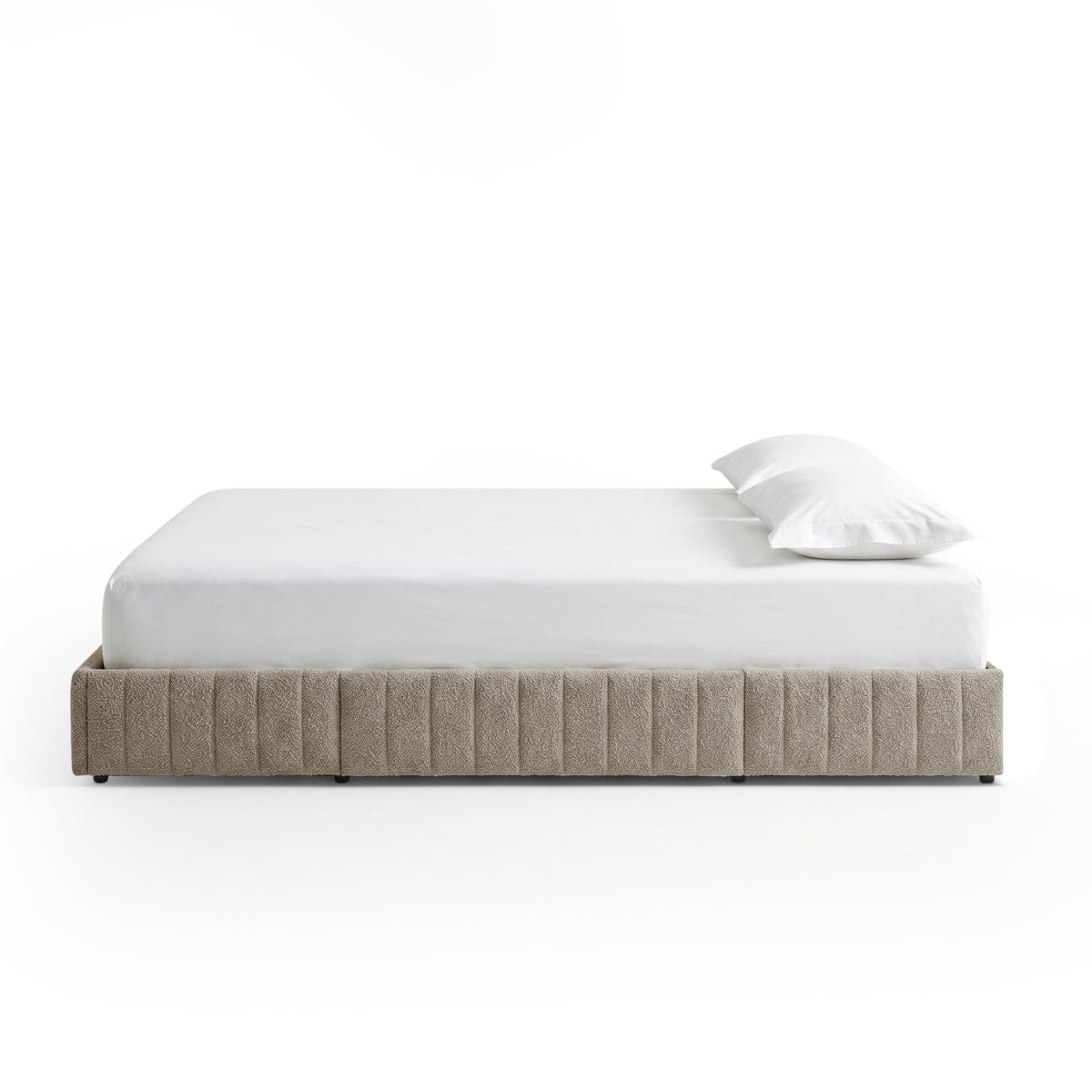 Solin Queen Fluted Storage Bed Base in Warm Beige Boucle with mattress and pillow