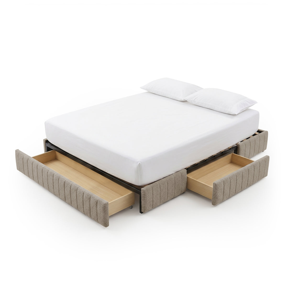 Solin Queen Fluted Storage Bed Base in Warm Beige Boucle with three pull-out drawers, shown with mattress and pillows