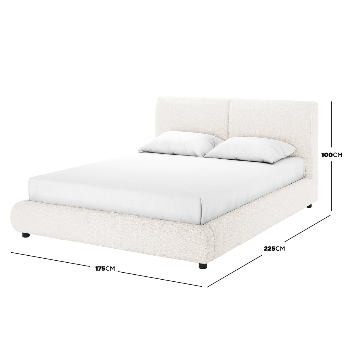 Stacy Queen Boucle Bed Frame in Cream White, features a low-profile design with textured upholstery. Includes a padded headboard, white mattress, and pillows, measuring 225cm depth, 175cm width, 100cm height.