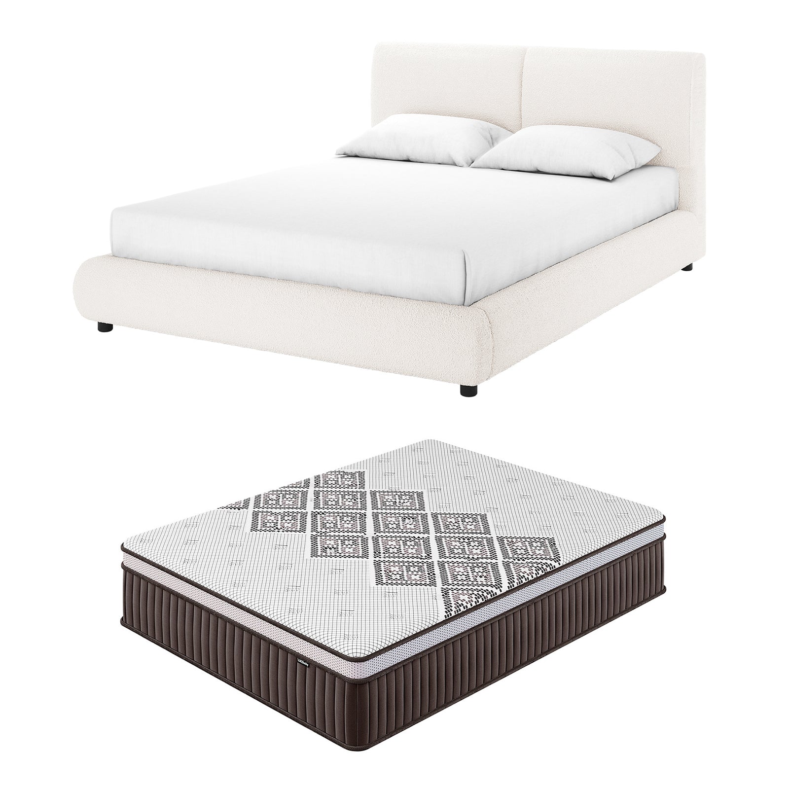Stacy Queen Boucle Bed - Cream White with Thalia Mattress, showcasing a plush, padded headboard and luxurious boucle fabric on a solid wood frame, elegantly presented on a pristine white bed setting.