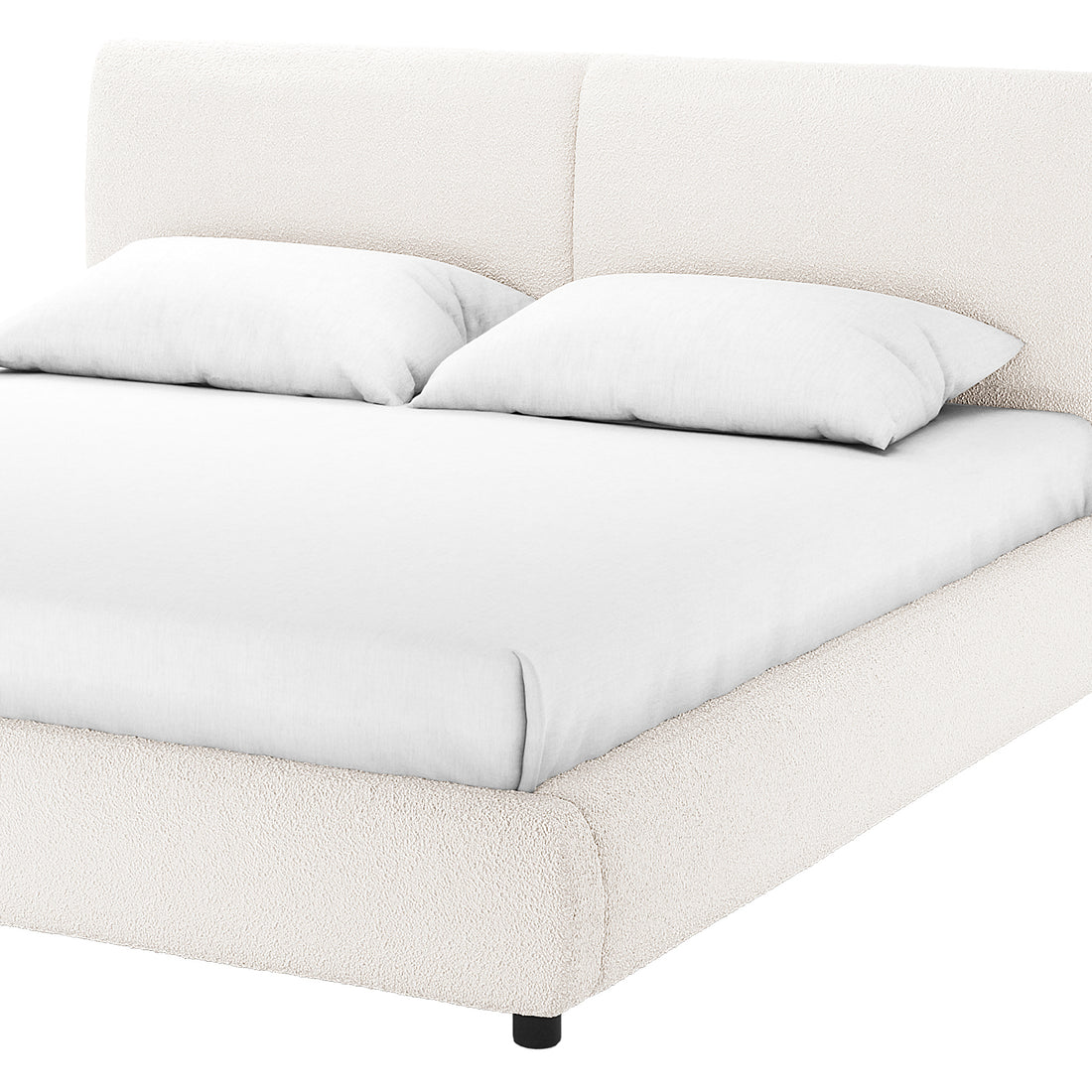Stacy Queen Boucle Bed - Cream White with Thalia Mattress, featuring a plush, padded headboard and luxurious boucle fabric, elegantly displayed on a well-dressed bed, highlighting its sophisticated and modern design.