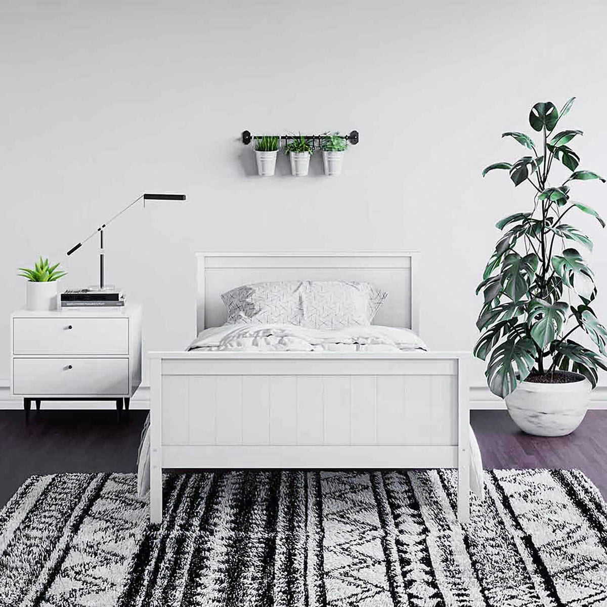 Tertia Solid Pine Timber Bed Frame King Single, showcasing solid construction with engineered wooden slats. Featured in a stylish, modern bedroom setting, emphasizing its robust design and suitability for restful sleep.