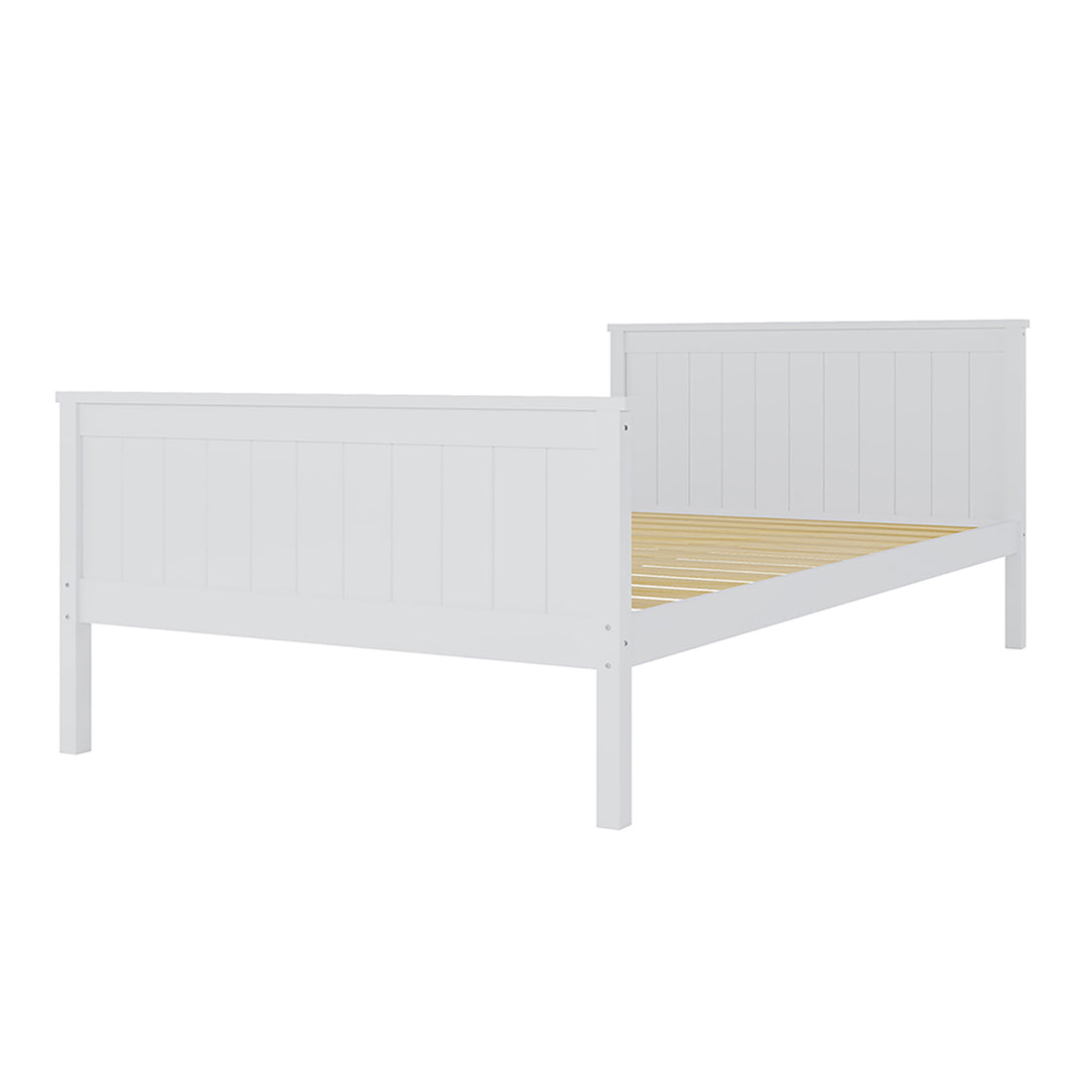 Tertia Solid Pine Timber Bed Frame King Single featuring a sturdy white wooden frame with engineered slats, showcasing a minimalist and timeless design ideal for enhancing any bedroom setting.