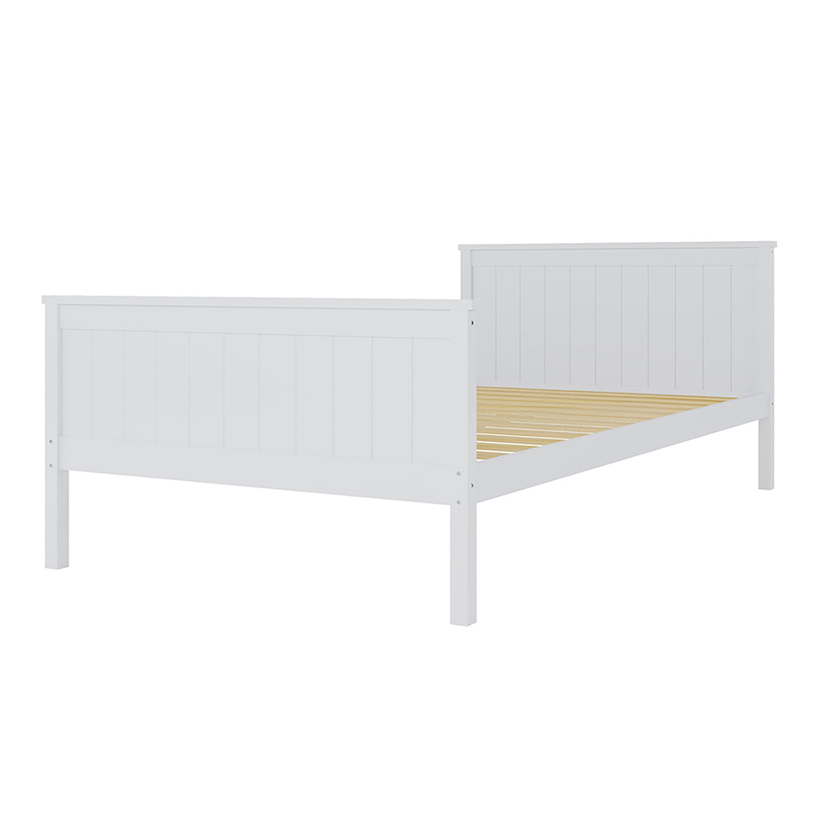 Tertia Solid Pine Timber Bed Frame King Single featuring a sturdy white wooden frame with engineered slats, showcasing a minimalist and timeless design ideal for enhancing any bedroom setting.