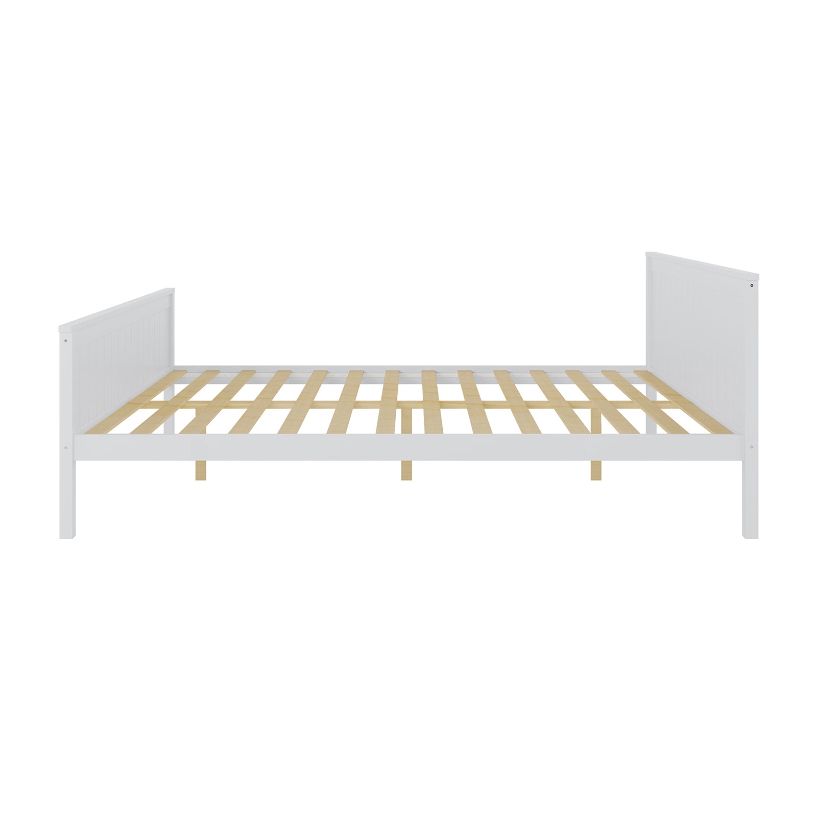 Close-up of the Tertia Solid Pine Timber Bed Frame Queen, showcasing its sturdy white frame with wooden slats, highlighting its robust design and craftsmanship for exceptional mattress support.