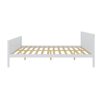 Close-up of the Tertia Solid Pine Timber Bed Frame Queen, showcasing its sturdy white frame with wooden slats, highlighting its robust design and craftsmanship for exceptional mattress support.