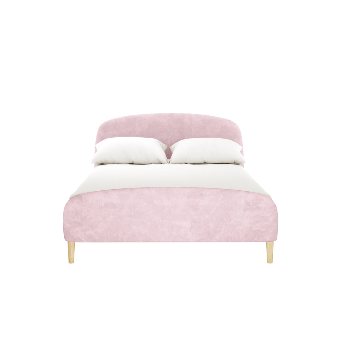 Theron Double Upholstered Velvet Bed in Light Pink features a low-profile design with a gently curved headboard, crisp white bedding, two pillows, and tapered wooden legs for modern elegance.