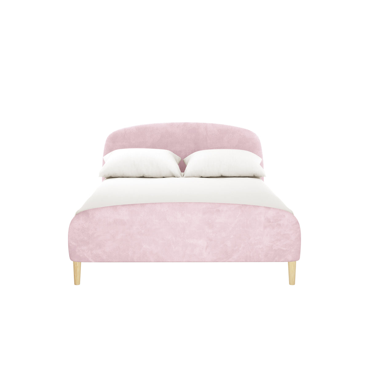 Theron Double Upholstered Velvet Bed in Light Pink features a low-profile design with a gently curved headboard, crisp white bedding, two pillows, and tapered wooden legs for modern elegance.